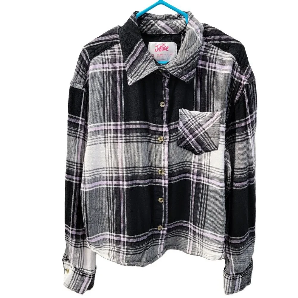 Justice Girls Black White Plaid Button Down Flannel Shirt Size S 7/8 Grunge